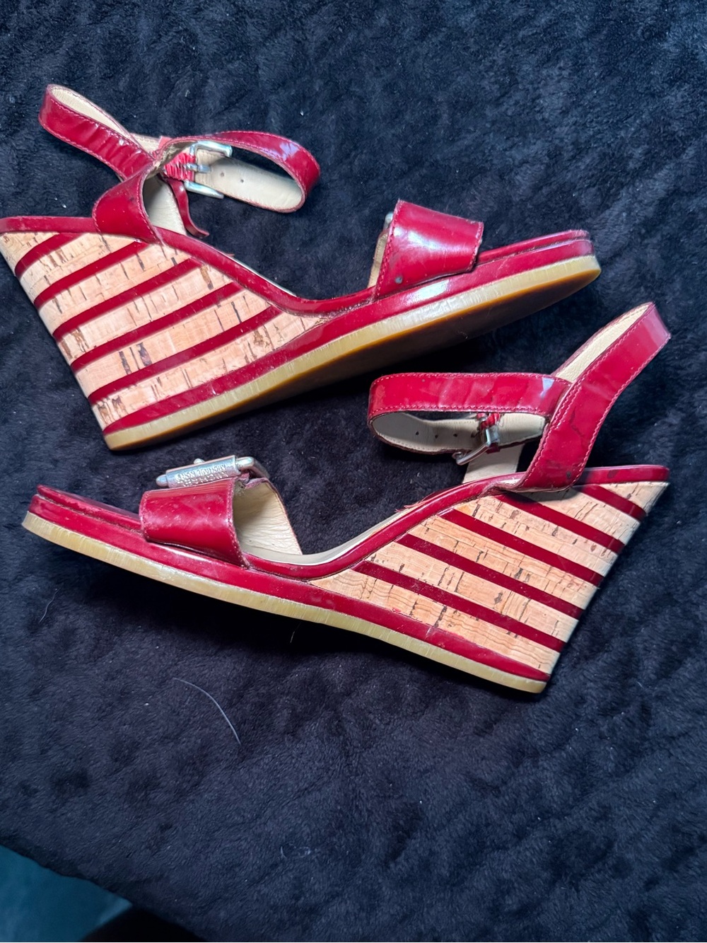 Michael Kors Red Striped Cork Wedge Sandals